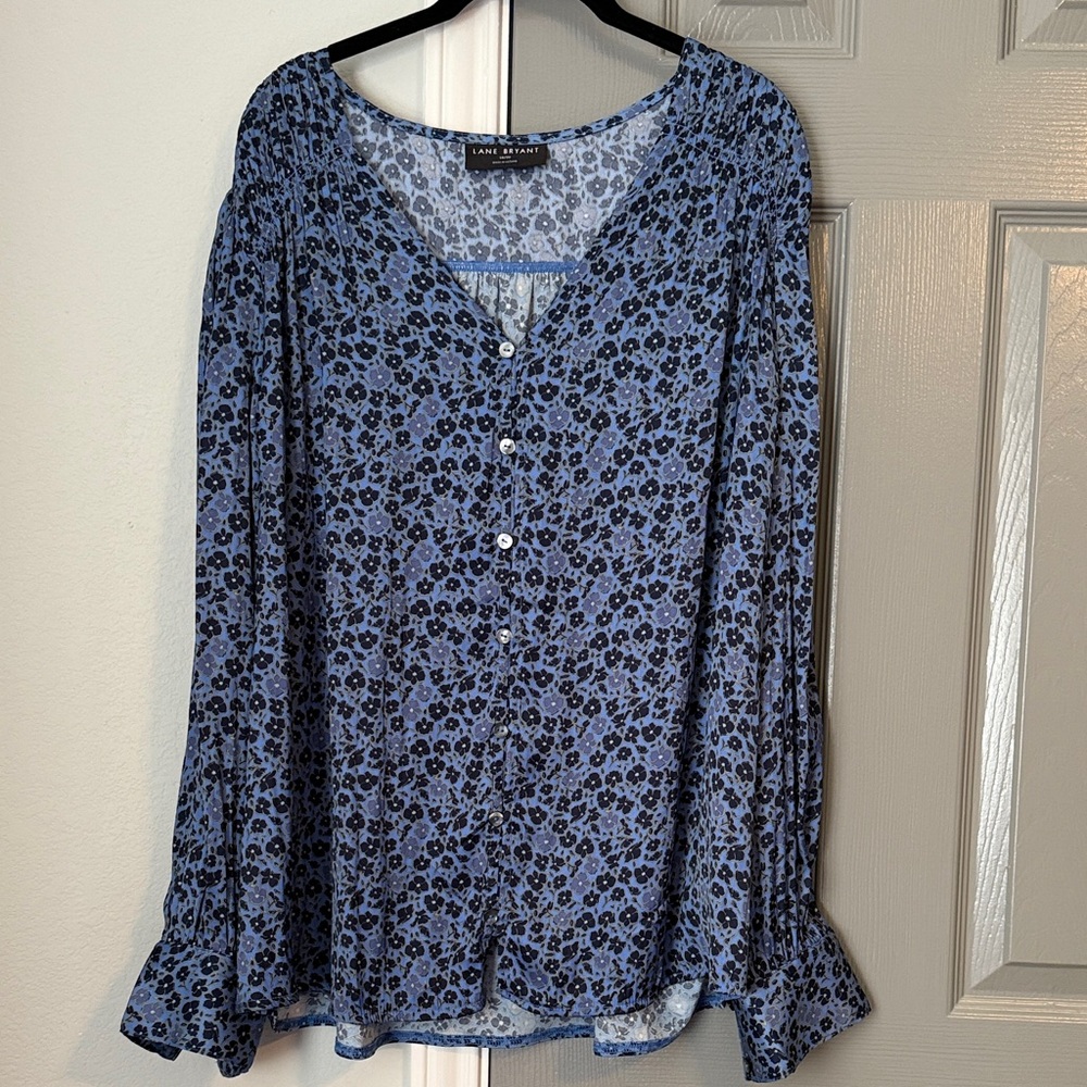 Lane Bryant Blue Floral Button Down Blouse